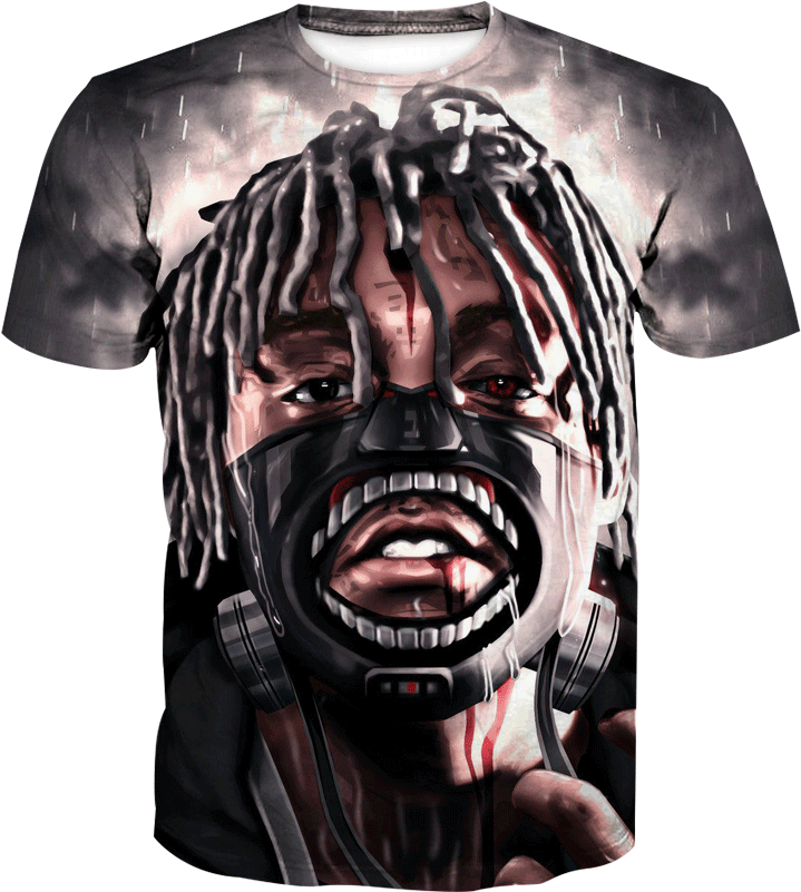 Juice WRLD 桌布 壁紙 — 一款圖案T恤，上面有風格化的肖像，描繪一名留著辮子的男人在暴風雨天空下戴著防毒面具尖叫。