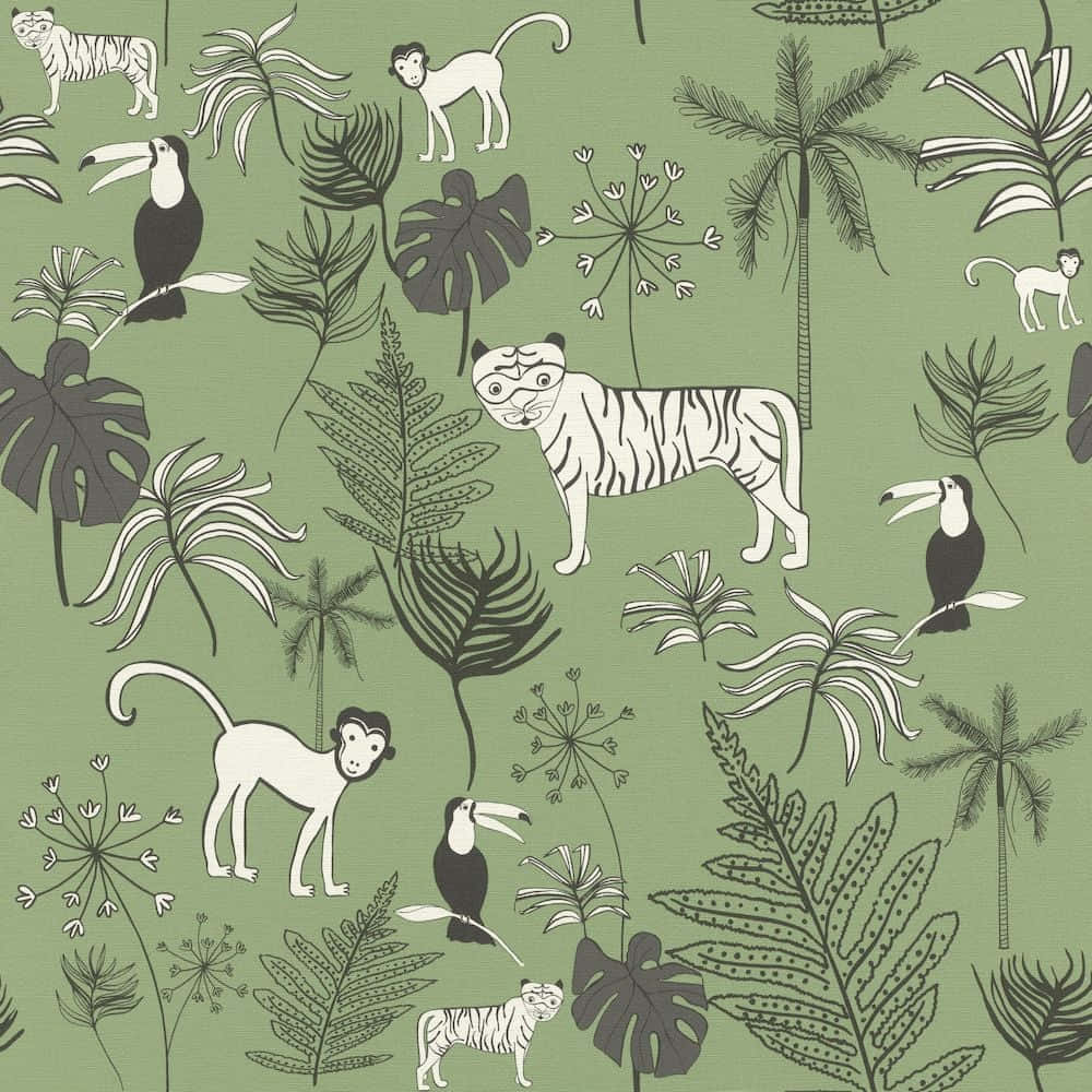 animals 桌布 壁紙 — 一款圖案壁紙，在柔和的綠色背景上呈現白色和黑色的叢林動物和葉片。
