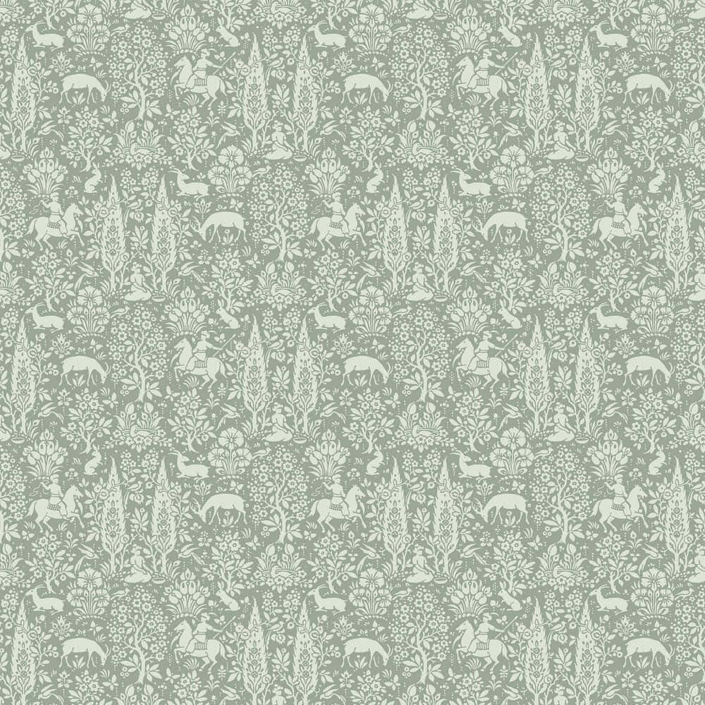 Light Sage Green 桌布 壁紙 — 一款圖案精緻的壁紙，採用柔和鼠尾草綠色，帶有白色風格化的鹿和騎手，點綴在密集的花卉和葉片圖案之間。