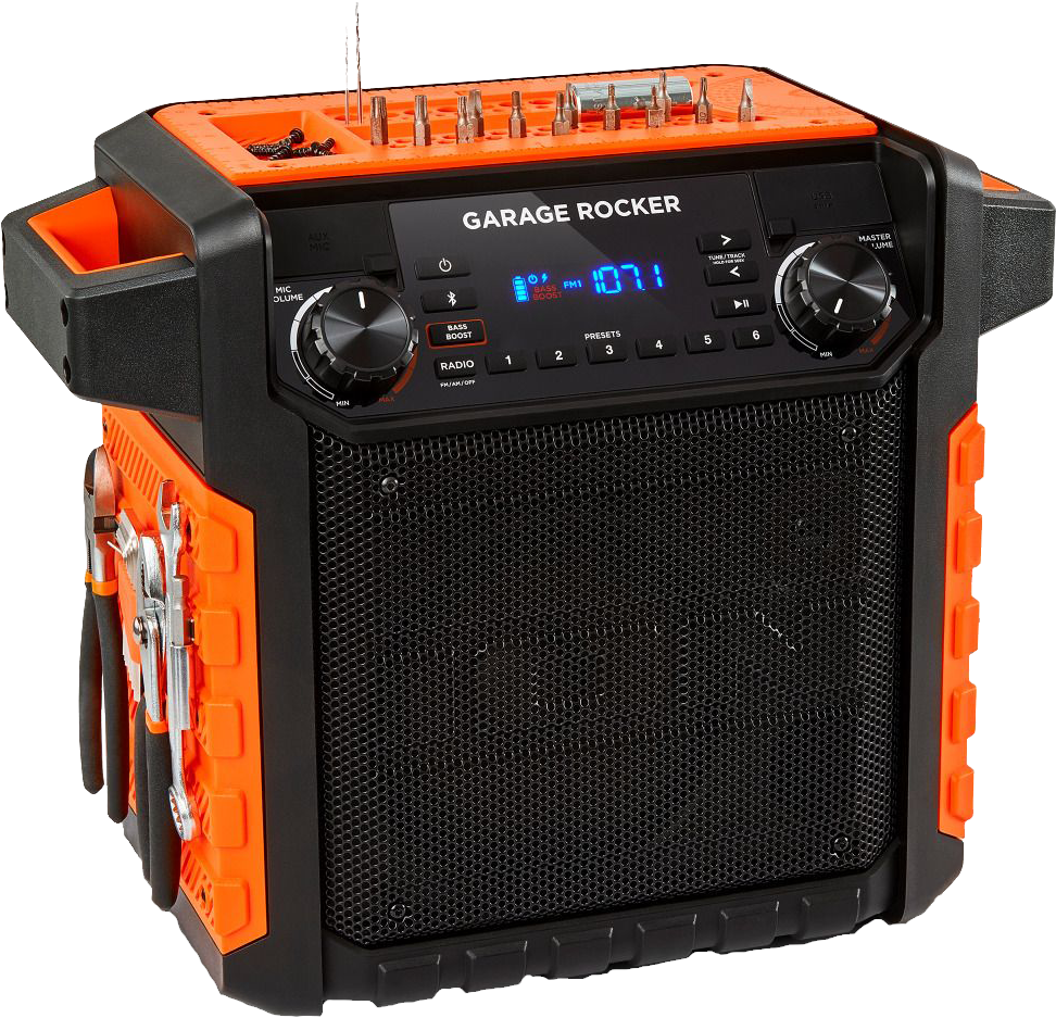 Sound Audio 桌布 壁紙 — 一款堅固的黑色和橙色便攜式揚聲器，品牌為 'Garage Rocker'，內置工具儲存空間和數位收音機顯示屏。