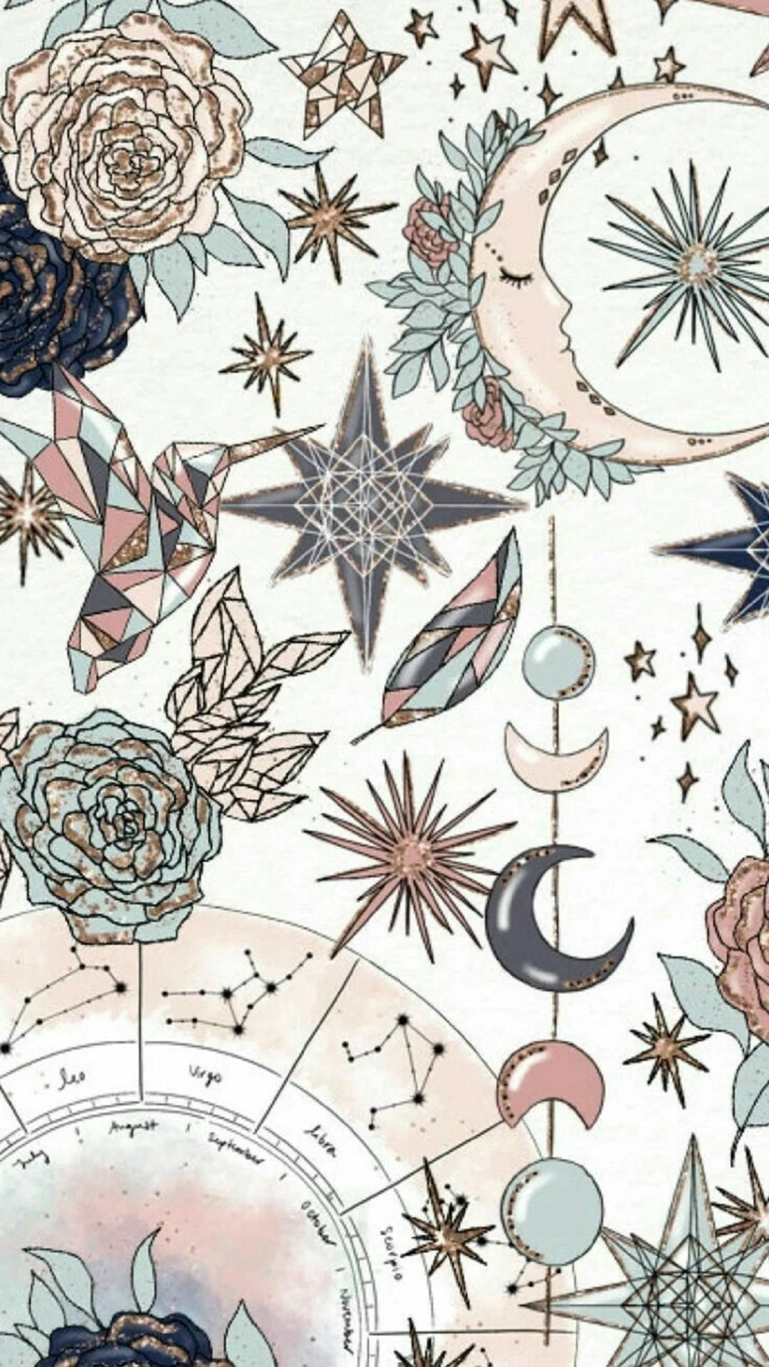 奇幻 桌布 壁紙 — 一款夢幻的天體壁紙，以柔和粉彩呈現新月、星星、幾何鳥類和玫瑰。