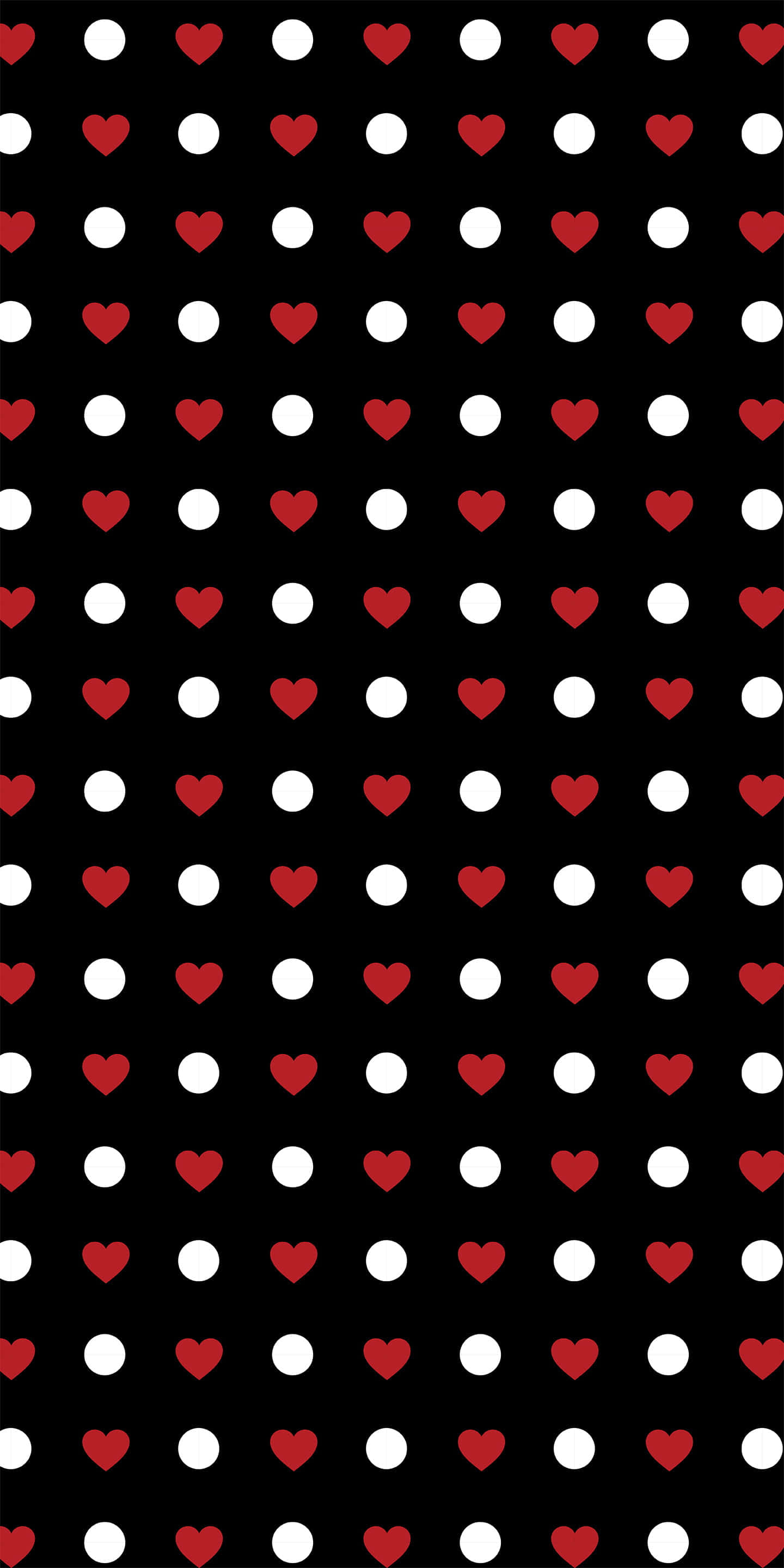 Black And White Dots 桌布 壁紙 — 一款大膽的壁紙，在黑色背景上以網格圖案重複紅色心形和白色圓圈。