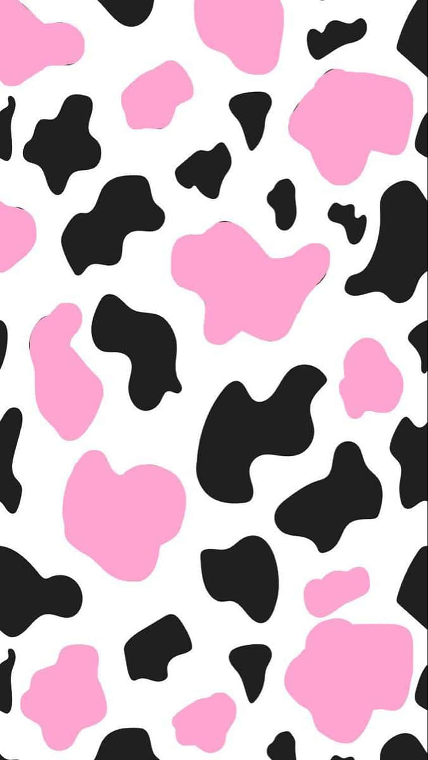 乳牛紋 桌布 壁紙 — 一款大膽的壁紙，採用粉紅、黑、白三色的乳牛印花圖案，以流暢的抽象形狀呈現。