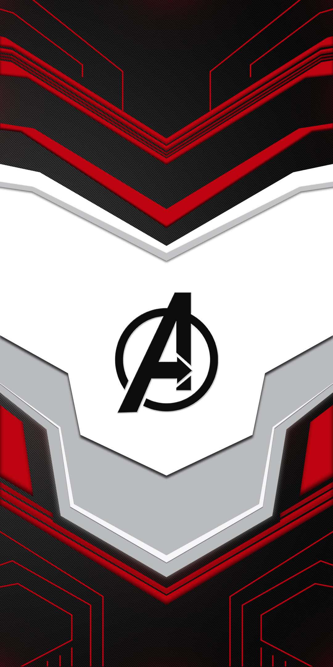 Avengers Endgame iPhone 桌布 壁紙 — 一款大膽的幾何圖案壁紙，復仇者聯盟標誌置中於白色六邊形內，並由紅、黑、銀色的棱角圖案框住。