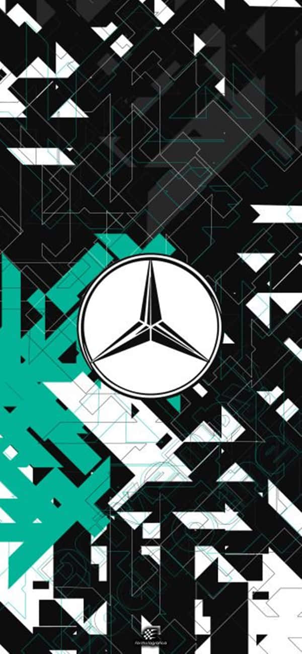 Pixel 3 Grid Autosport 桌布 壁紙 — 一款大膽的幾何壁紙，中央是賓士標誌，周圍是黑色、白色和藍綠色的抽象形狀。