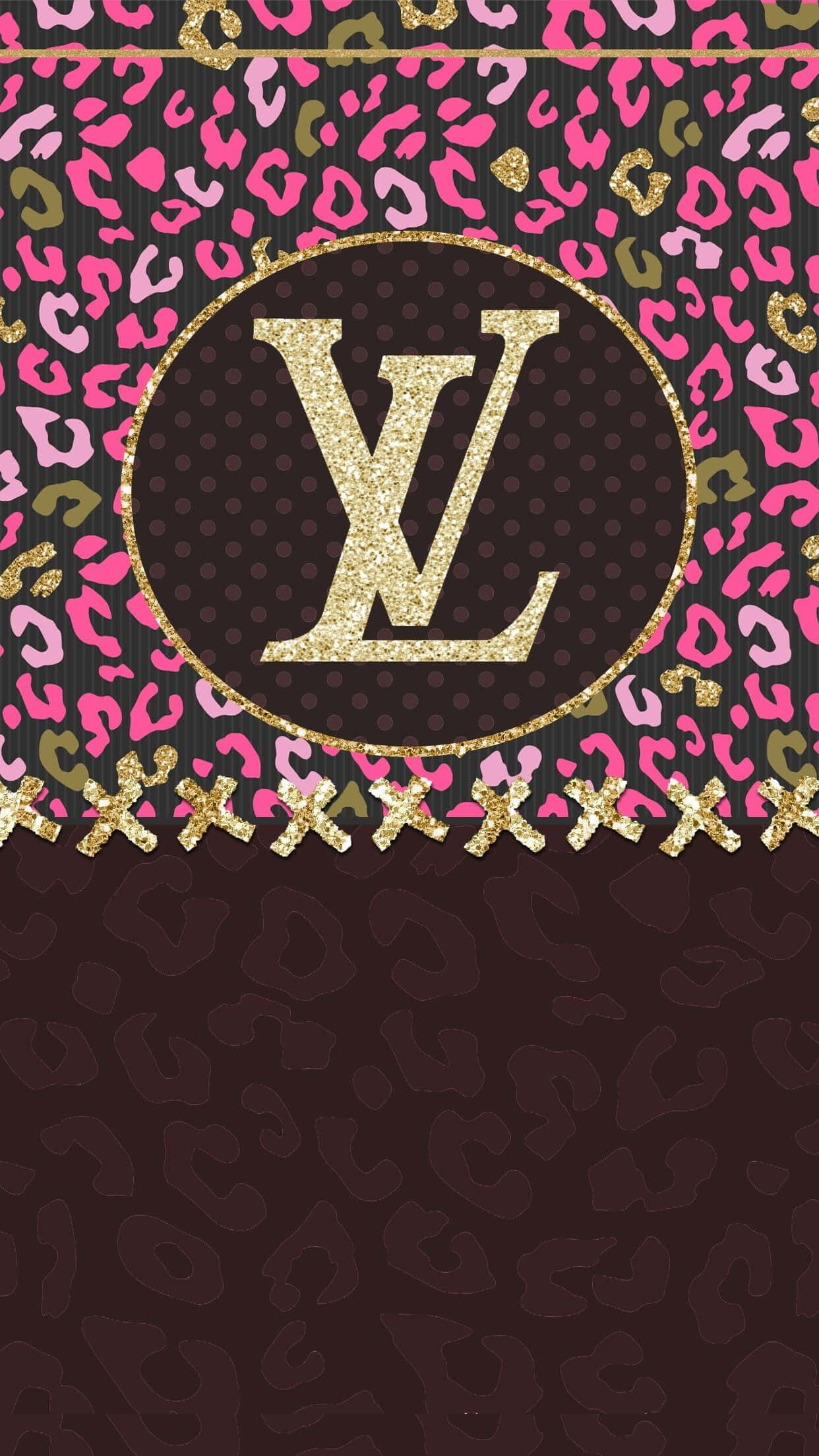 Louis Vuitton iPhone 桌布 壁紙 — 一款大膽的粉紅和金色豹紋壁紙，圓形框架內有閃閃發光的LV標誌。