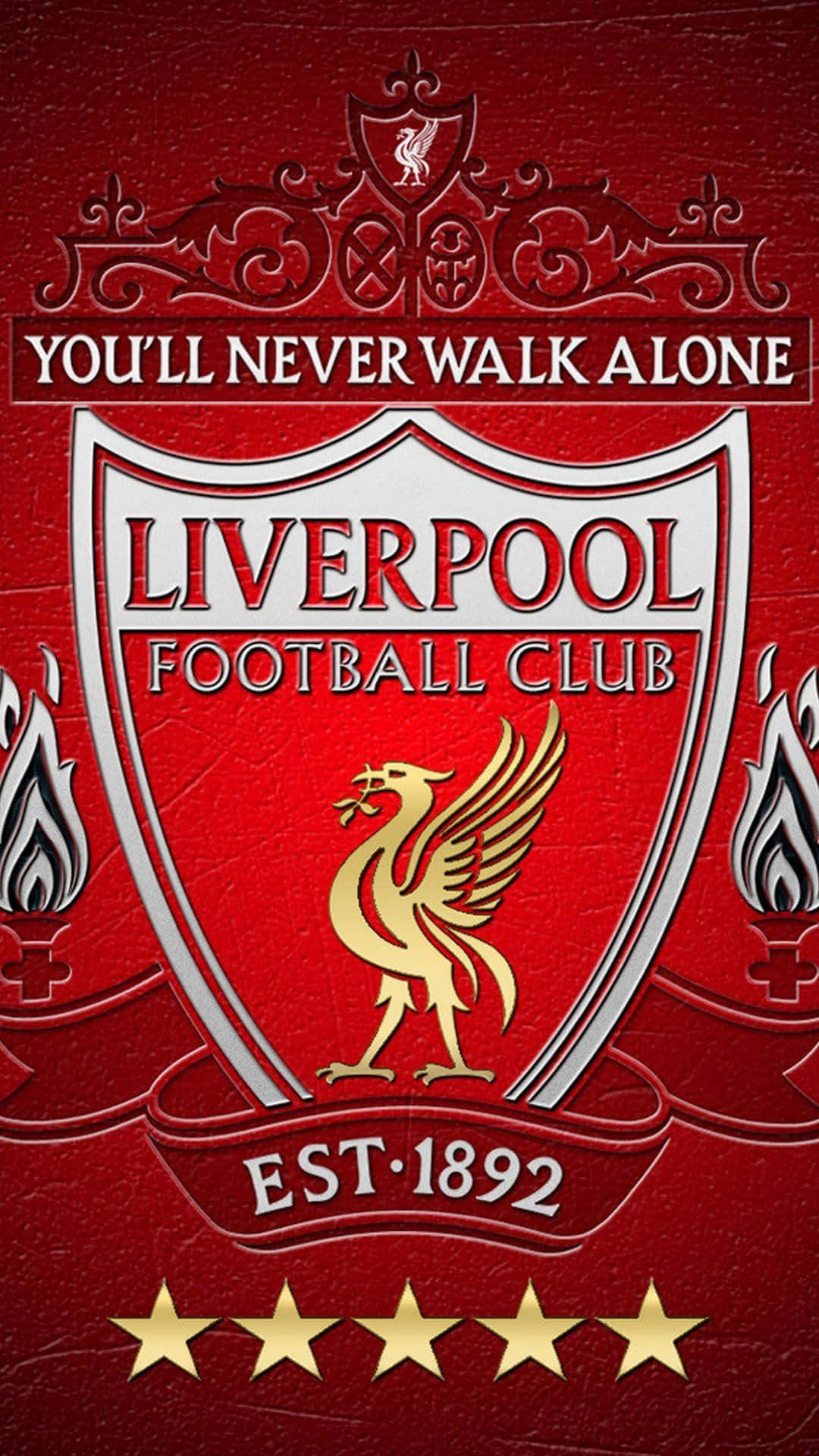 Liverpool iPhone 桌布 壁紙 — 一款大膽的紅色紋理壁紙，印有利物浦足球俱樂部徽章，配有金色利物鳥和下方五顆星。
