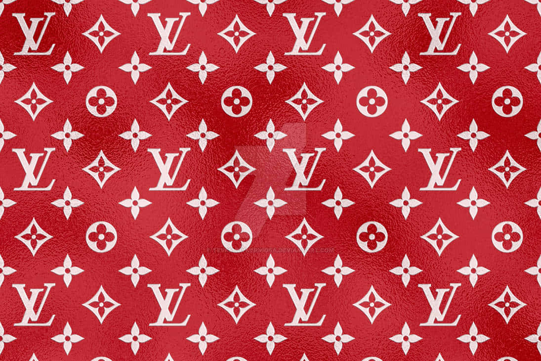 Louis Vuitton Pattern 桌布 壁紙 — 一款大膽的紅色紋理壁紙，帶有重複的白色 Louis Vuitton 字母組合和花卉圖案，呈現經典風格。