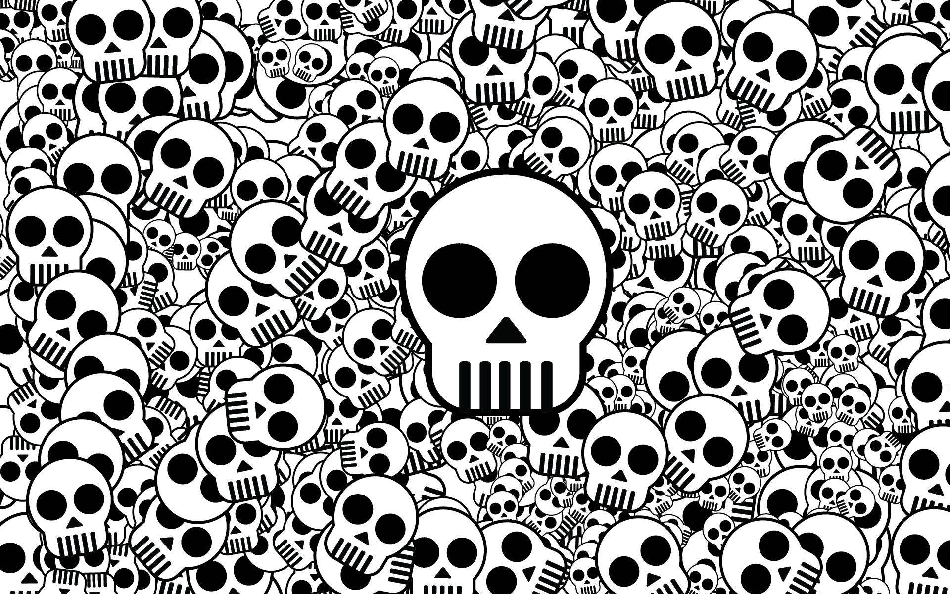 Cute Skeleton 桌布 壁紙 — 一款大膽的黑白壁紙，中央有一個大型頭骨，周圍環繞著密集的小頭骨圖案，設計多樣。