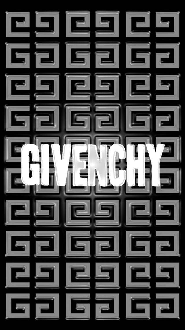 Givenchy 桌布 壁紙 — 一款大膽的黑白壁紙，帶有重複的3D希臘鑰匙圖案，中央有大型白色字母GIVENCHY。