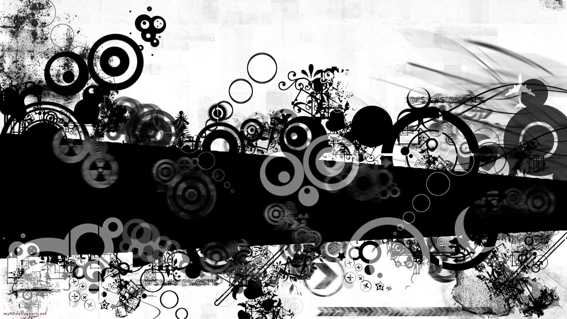 Black And White Abstract 桌布 壁紙 — 一款大膽的黑白抽象壁紙，帶有重疊的圓圈、漩渦和頹廢質感，營造出動感混亂的圖案。