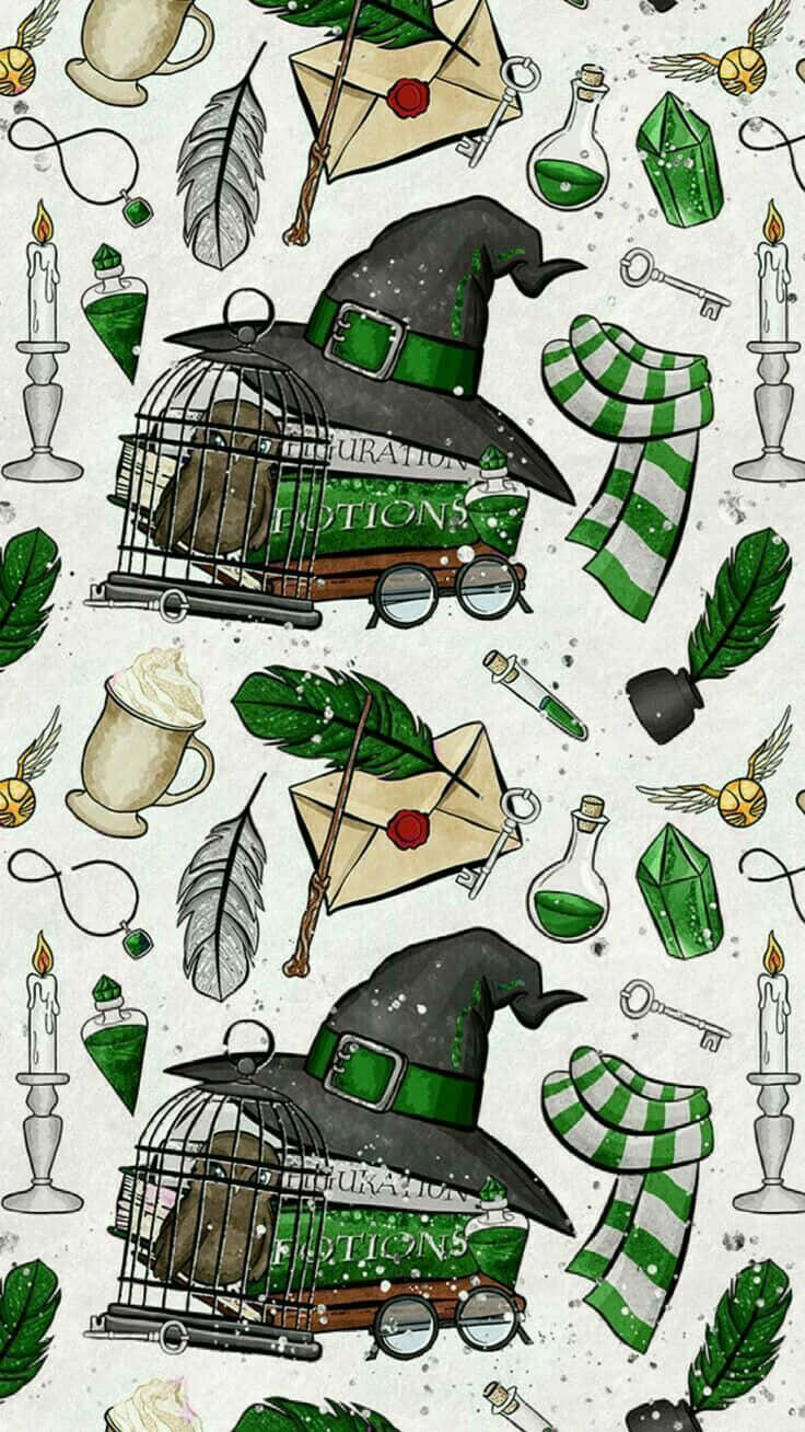 Cute Slytherin 桌布 壁紙 — 一款奇幻的哈利波特主題壁紙，在斑點背景上重複出現女巫帽、綠色藥水瓶和魔法物品。