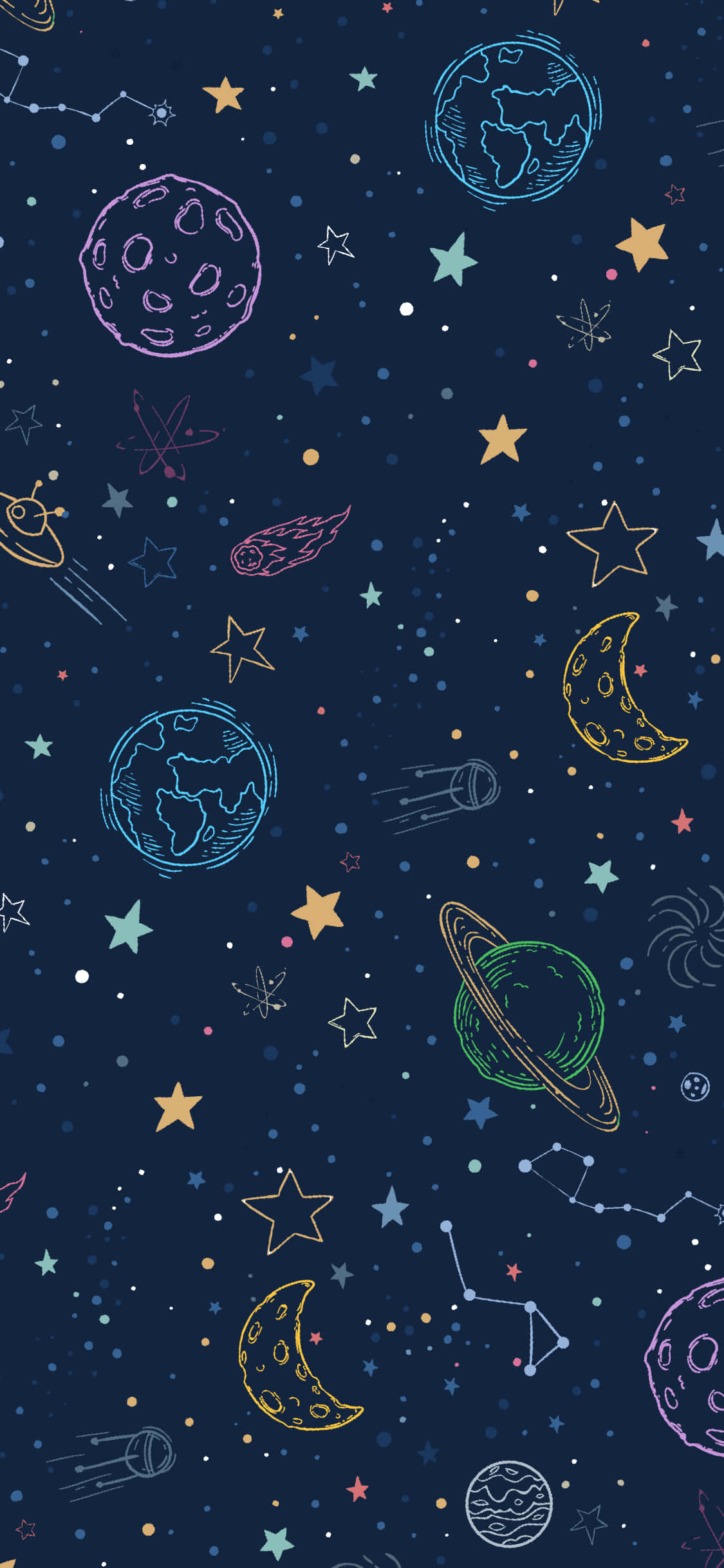 Cute Pattern iPhone 桌布 壁紙 — 一款奇思妙想的宇宙風格桌布，手繪行星、星星和星座漂浮在深海軍藍色背景上。
