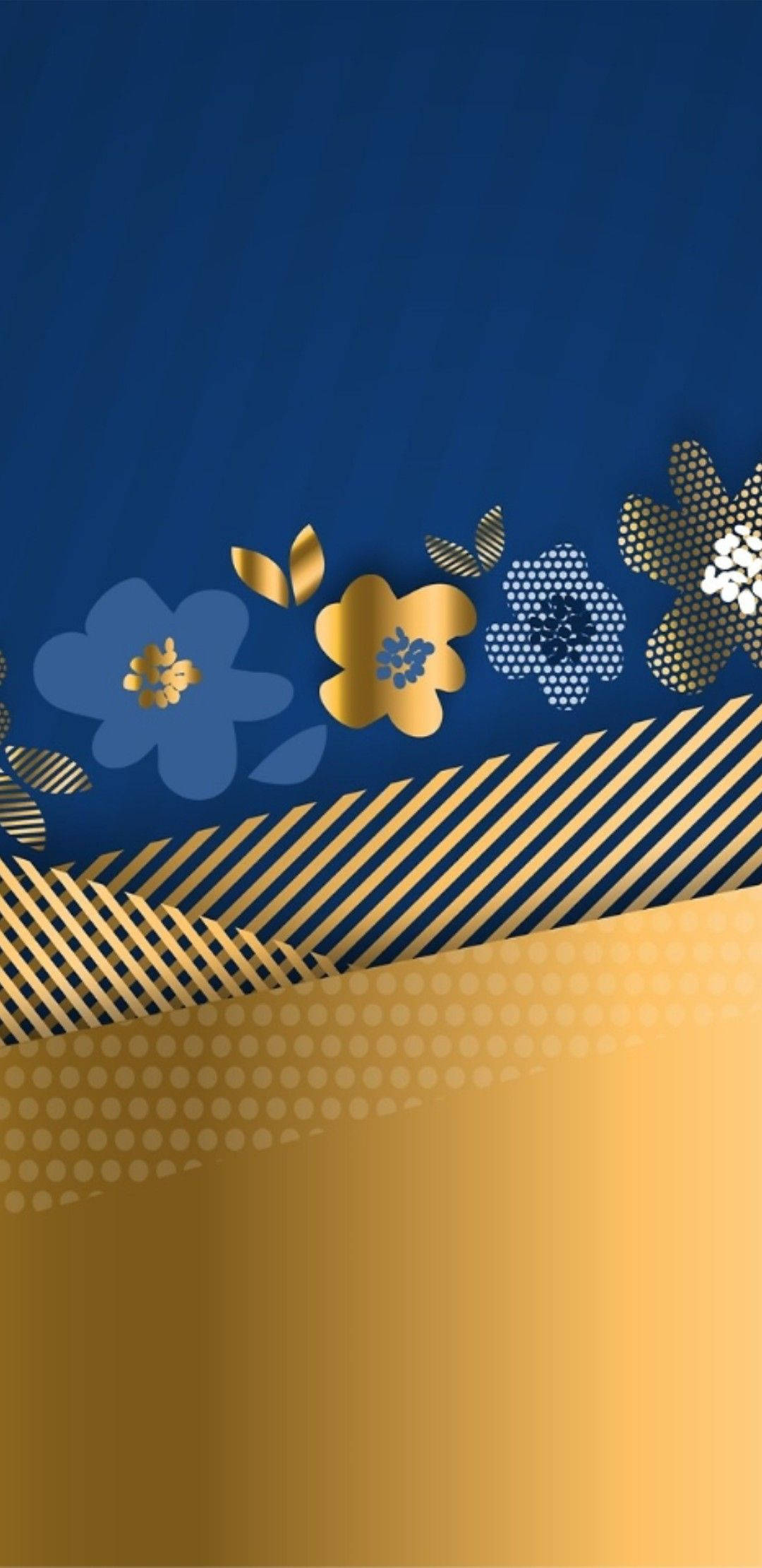 Blue And Gold 桌布 壁紙 — 一款奢華壁紙，在漸變金色背景上，對角線條上方飾有金色和藍色花卉圖案。