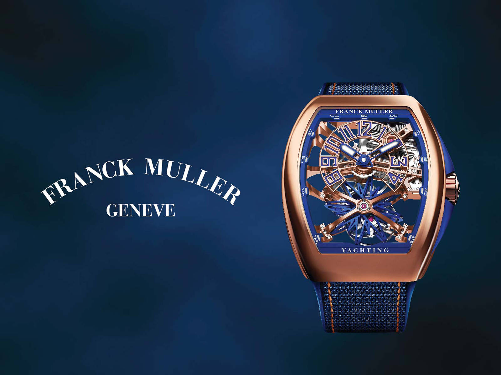 藍色 桌布 壁紙 — 一款奢華的 Franck Muller 遊艇腕錶，玫瑰金錶殼搭配藍色織物錶帶，置於深藍色漸變背景上。