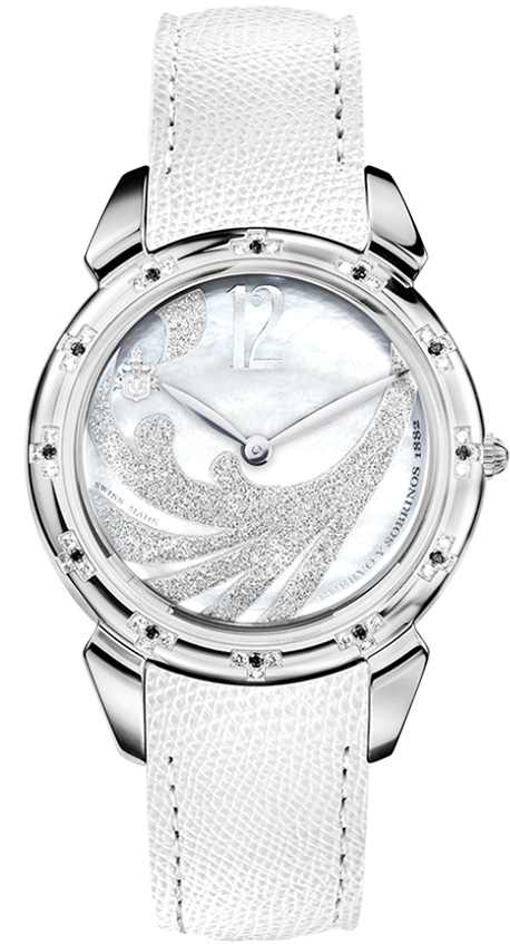 Timepiece 桌布 壁紙 — 一款奢華的白色手錶，配以閃爍波浪紋錶盤和鑽石點綴，搭配質感皮革錶帶。