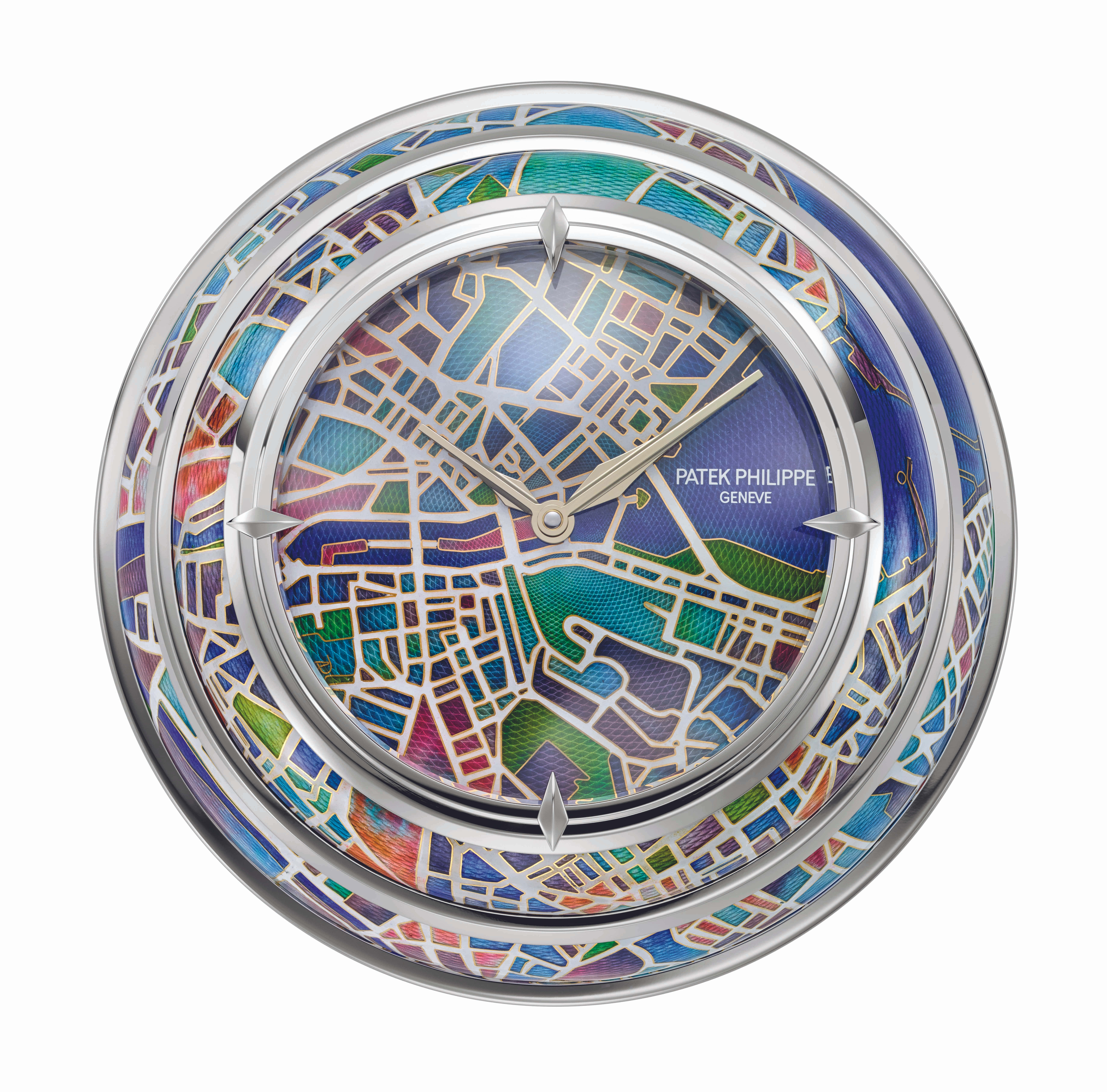 手錶 桌布 壁紙 — 一款奢華的百達翡麗手錶，帶有彩色琺瑯城市地圖錶盤和銀色錶殼。