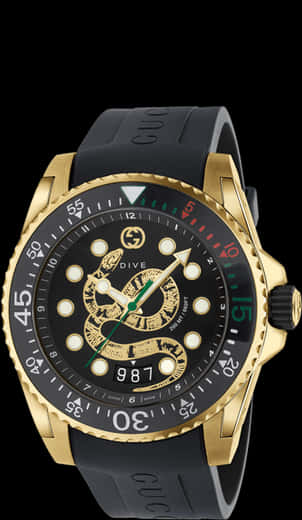 Gucci 桌布 壁紙 — 一款奢華的金色和黑色 Gucci 潛水腕錶，錶盤上帶有纏繞的蛇形設計，背景為純黑色。