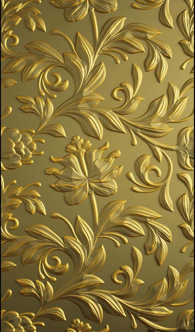 elegant 桌布 壁紙 — 一款奢華的金色壁紙，在柔和的橄欖色背景上帶有精緻的壓花花卉和藤蔓圖案。