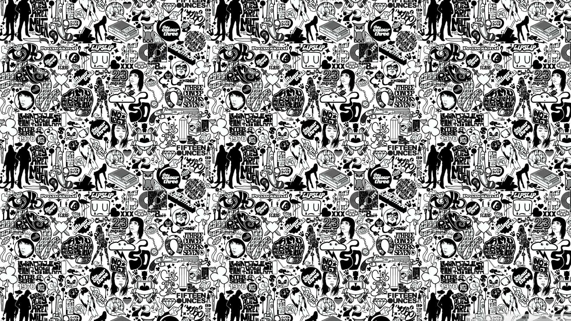 Marvel Black And White 桌布 壁紙 — 一款密集的黑白圖案壁紙，充滿重複的人物、動物、物體和文字塗鴉，風格混亂且手繪。