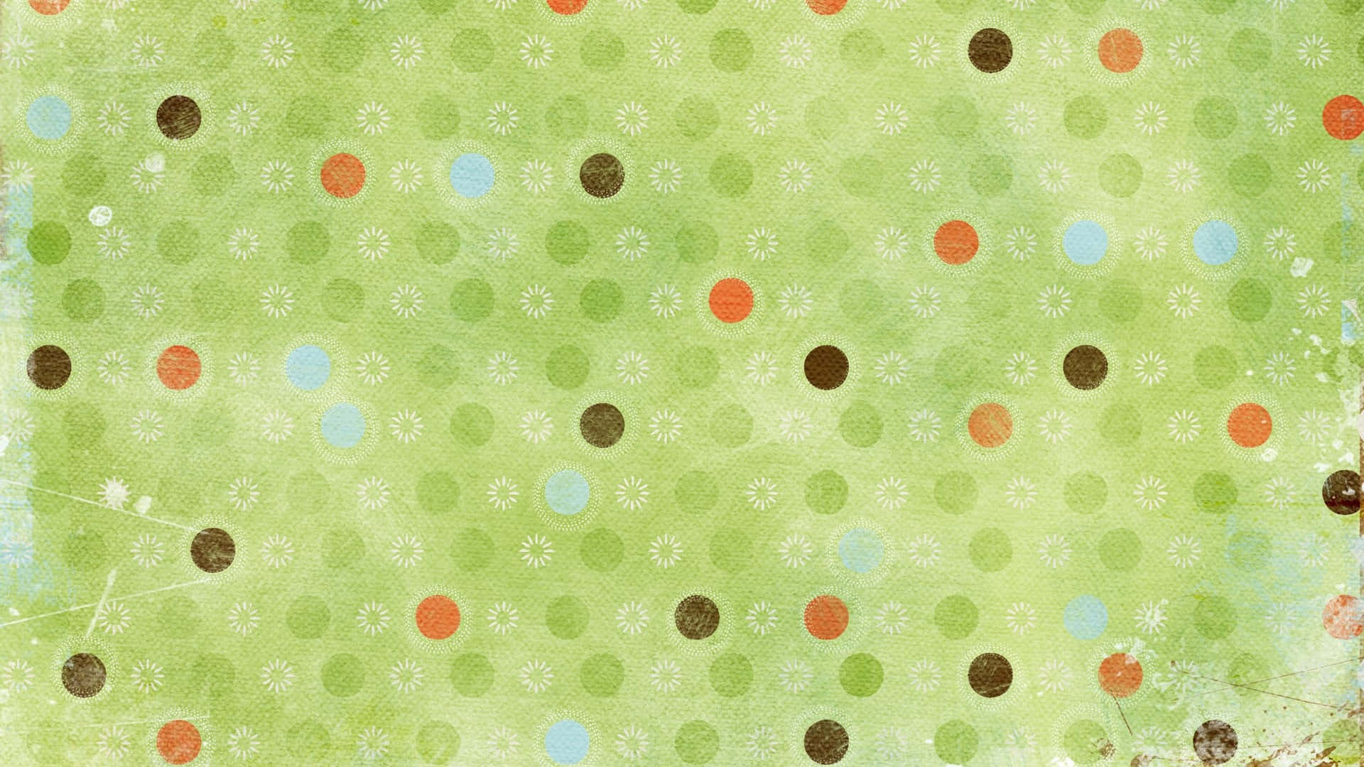 Circle 桌布 壁紙 — 一款帶有紋理的淺綠色壁紙，上面散落著彩色圓點和精緻的花卉圖案，背景為復古垃圾風格。