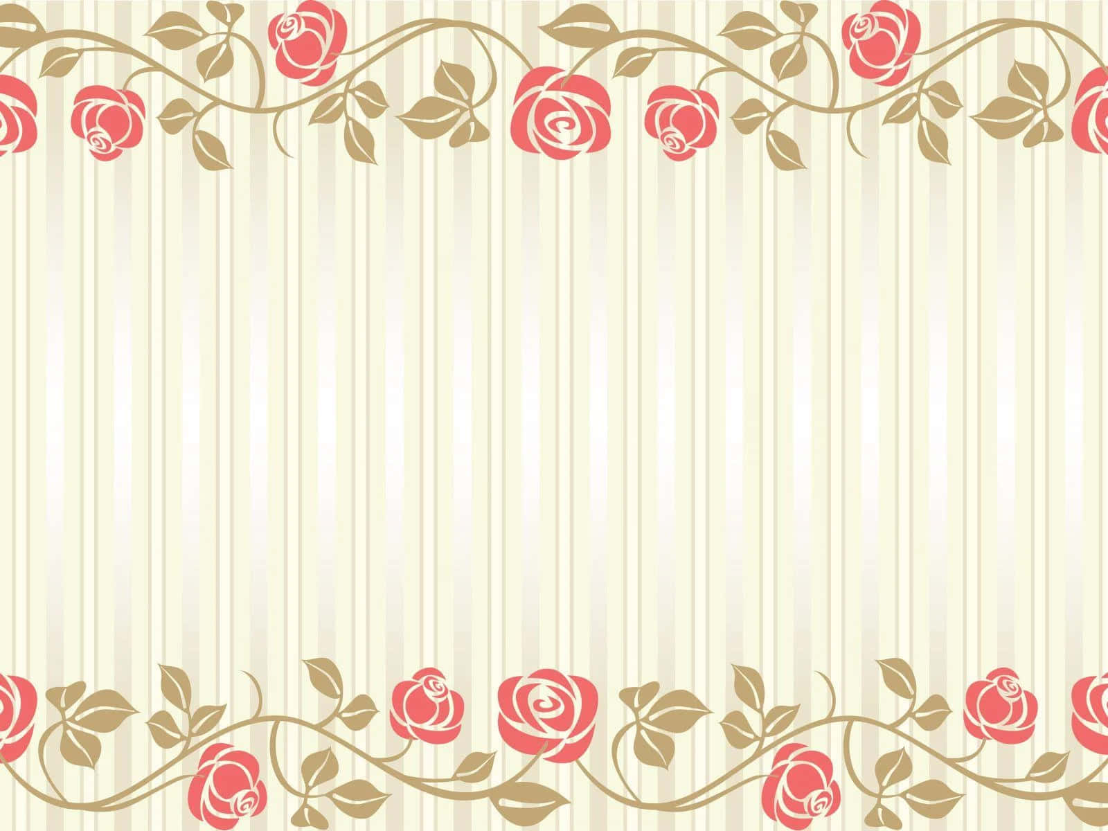 Frame 桌布 壁紙 — 一款復古壁紙，帶有奶油色垂直條紋，以及金色藤蔓上紅玫瑰裝飾的頂部和底部邊框。