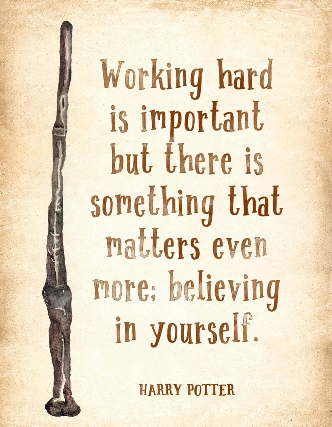 Harry Potter Quotes 桌布 壁紙 — 一款復古羊皮紙風格壁紙，上面有哈利波特的語錄和詳細的魔杖插圖。