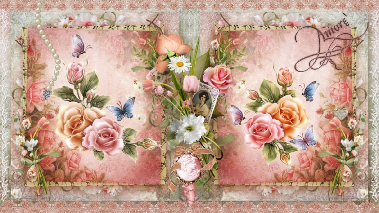 Rose Art 桌布 壁紙 — 一款復古花卉壁紙，帶有粉紅玫瑰、藍色蝴蝶和蕾絲邊框，呈現柔和浪漫色調。