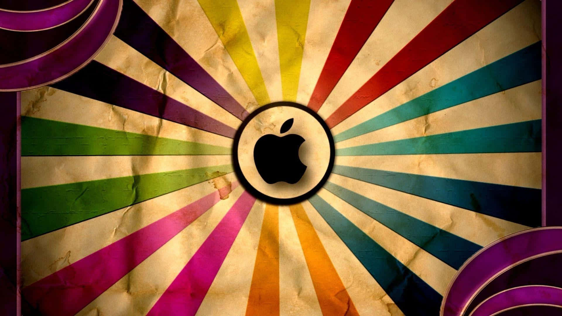 1920x1080 Apple 桌布 壁紙 — 一款復古風格壁紙，在紋理紙上從中央的Apple標誌放射出彩虹陽光爆發圖案。