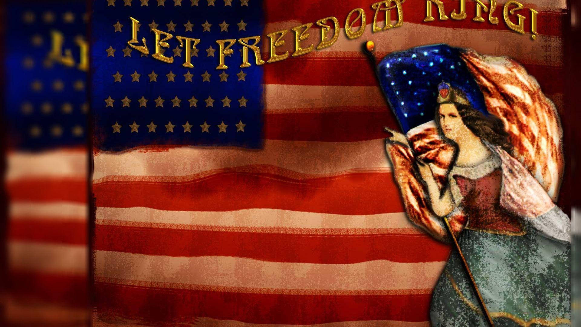 愛國 桌布 壁紙 — 一款復古風格的美國國旗，上面有「LET FREEDOM RING!」字樣和一位戴著皇冠、手持旗杆的女性。