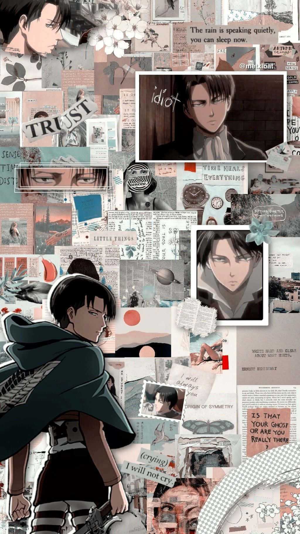 Anime Collage 桌布 壁紙 — 一款拼貼桌布，以動畫角色里維·阿克曼的各種姿勢和表情為特色，混合了引言、花朵和抽象藝術元素，色調柔和。