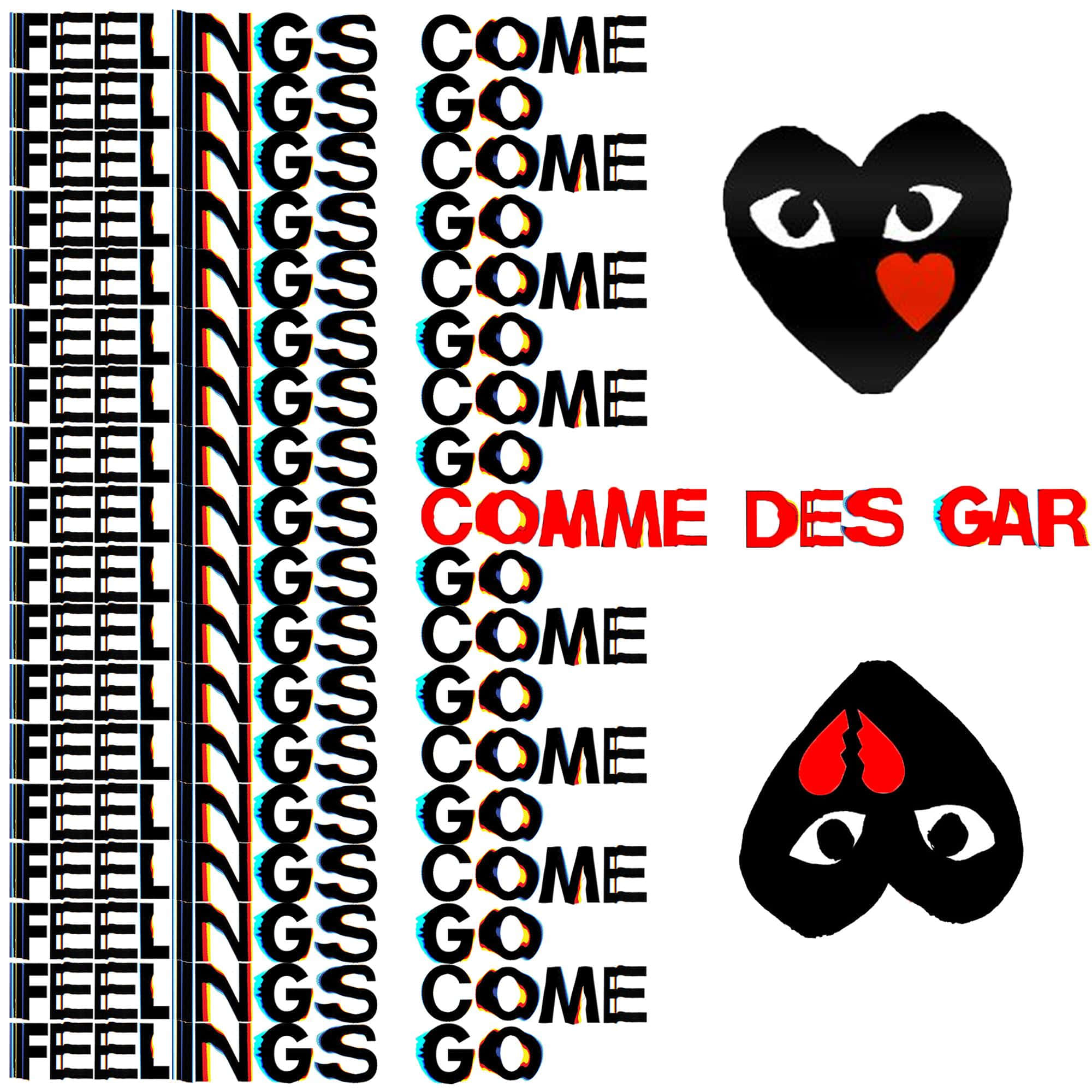 cdg 桌布 壁紙 — 一款故障藝術風格的桌布，帶有重複的「COME GO」文字和 Comme des Garçons 標誌，邊緣扭曲並帶有鮮豔的紅色點綴。