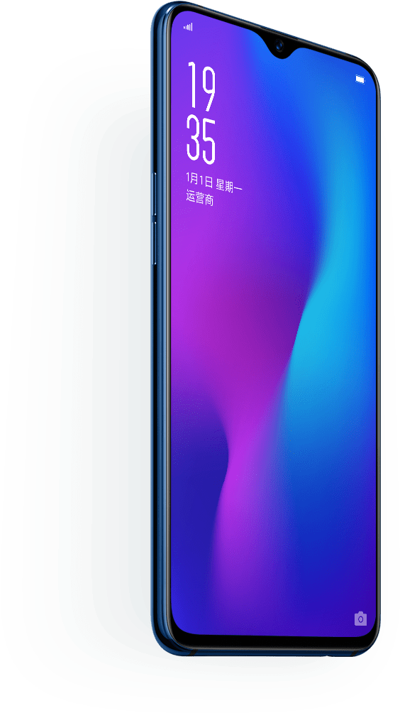 Oppo Mobile 桌布 壁紙 — 一款時尚智慧型手機，帶有充滿活力的藍色和紫色漸變桌布，在簡約的黑色背景上顯示時間 19:35。