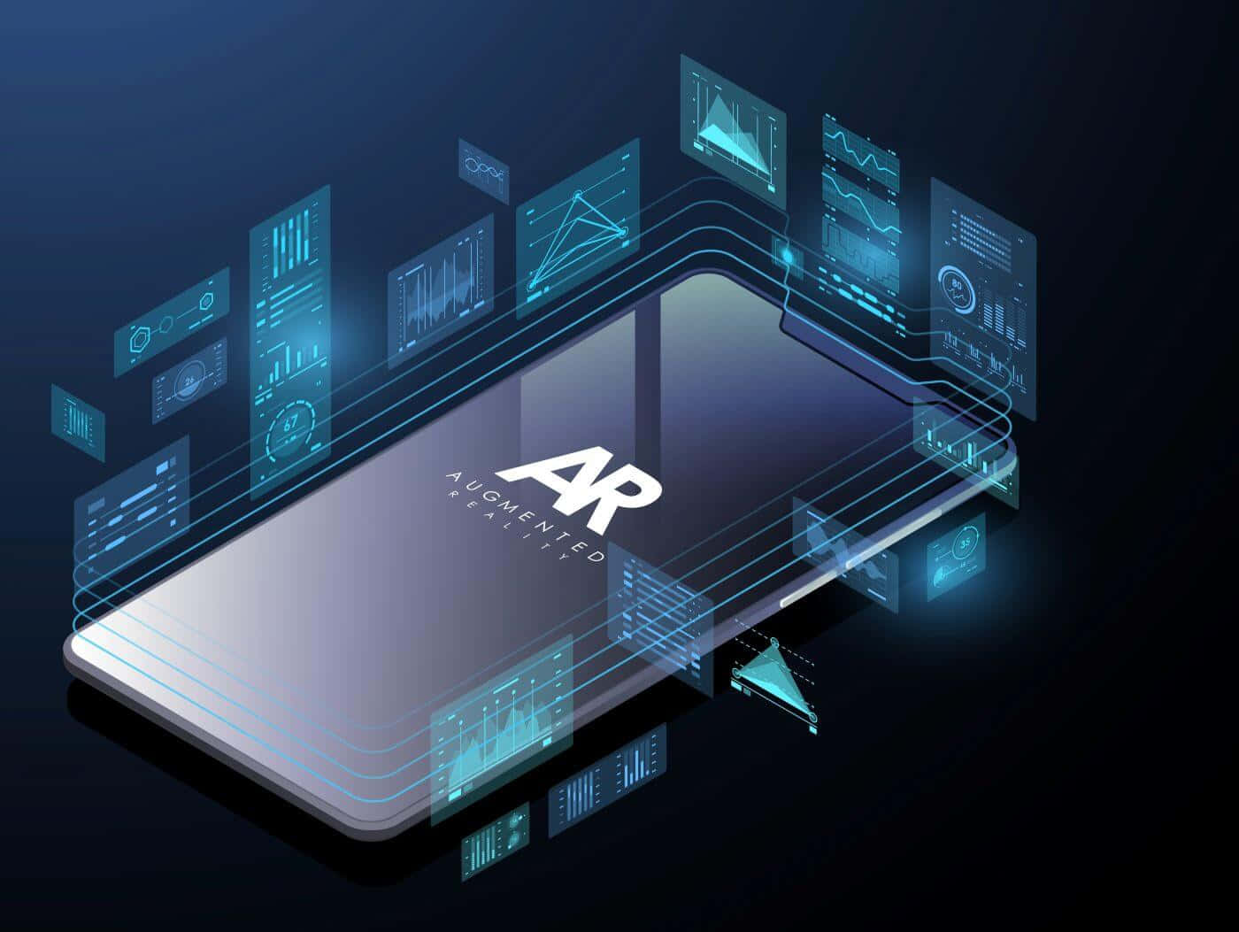 Augmented Reality 桌布 壁紙 — 一款時尚智慧型手機在黑暗的未來環境中顯示發光的藍色AR數據面板漂浮在周圍。