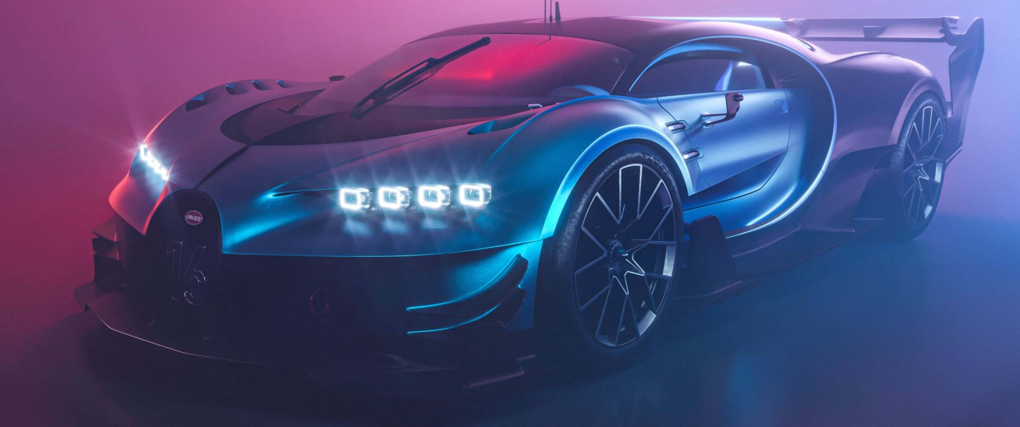 3440x1440p Bugatti 桌布 壁紙 — 一款時尚未來感十足的Bugatti超跑在黑暗的攝影棚背景下散發出電光藍和洋紅色的光芒。