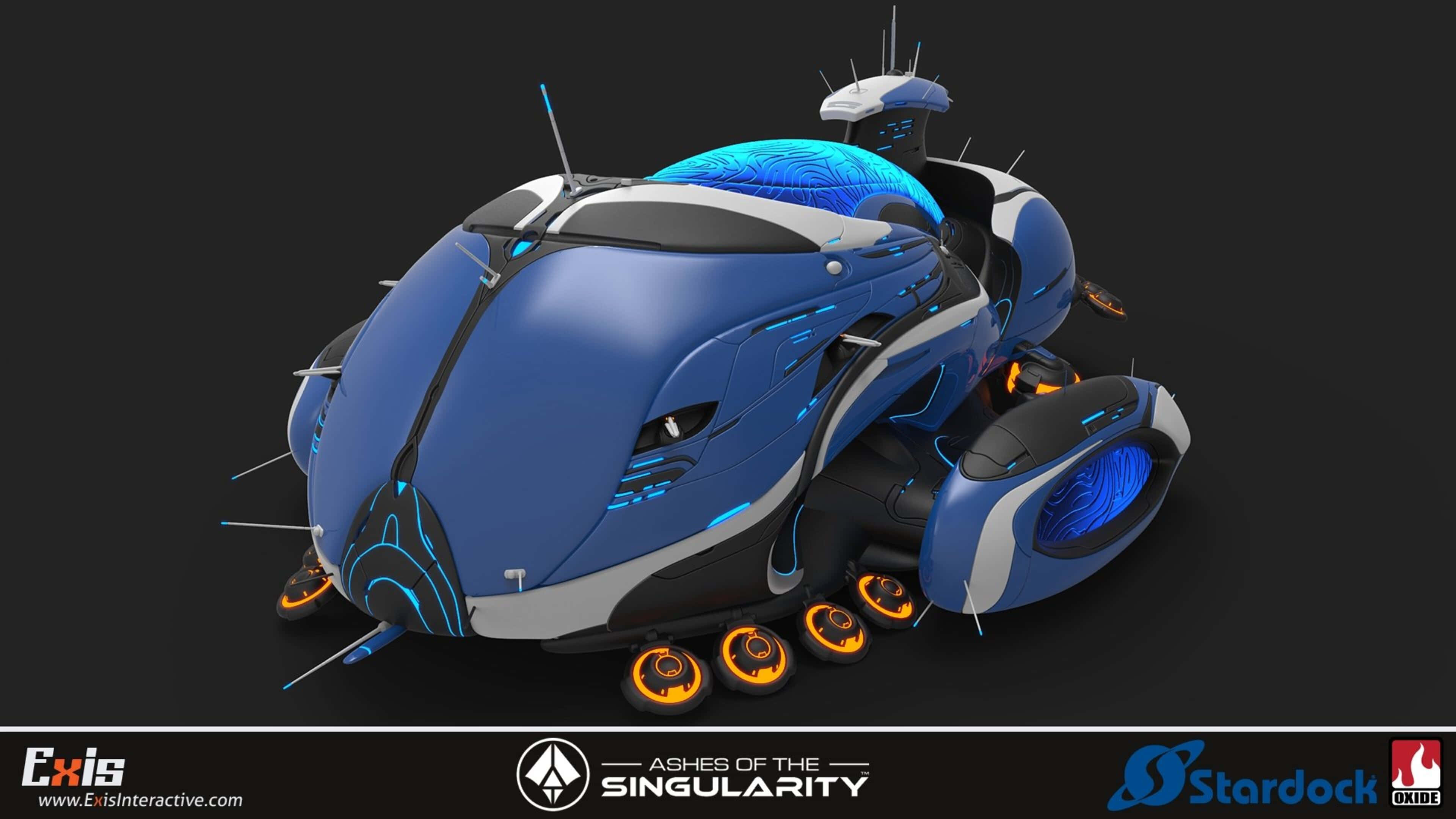 4K Ashes Of The Singularity Escalation 桌布 壁紙 — 一款時尚未來感的藍黑車輛，帶有發光的橙色車輪和藍色能量點綴，背景為深色。