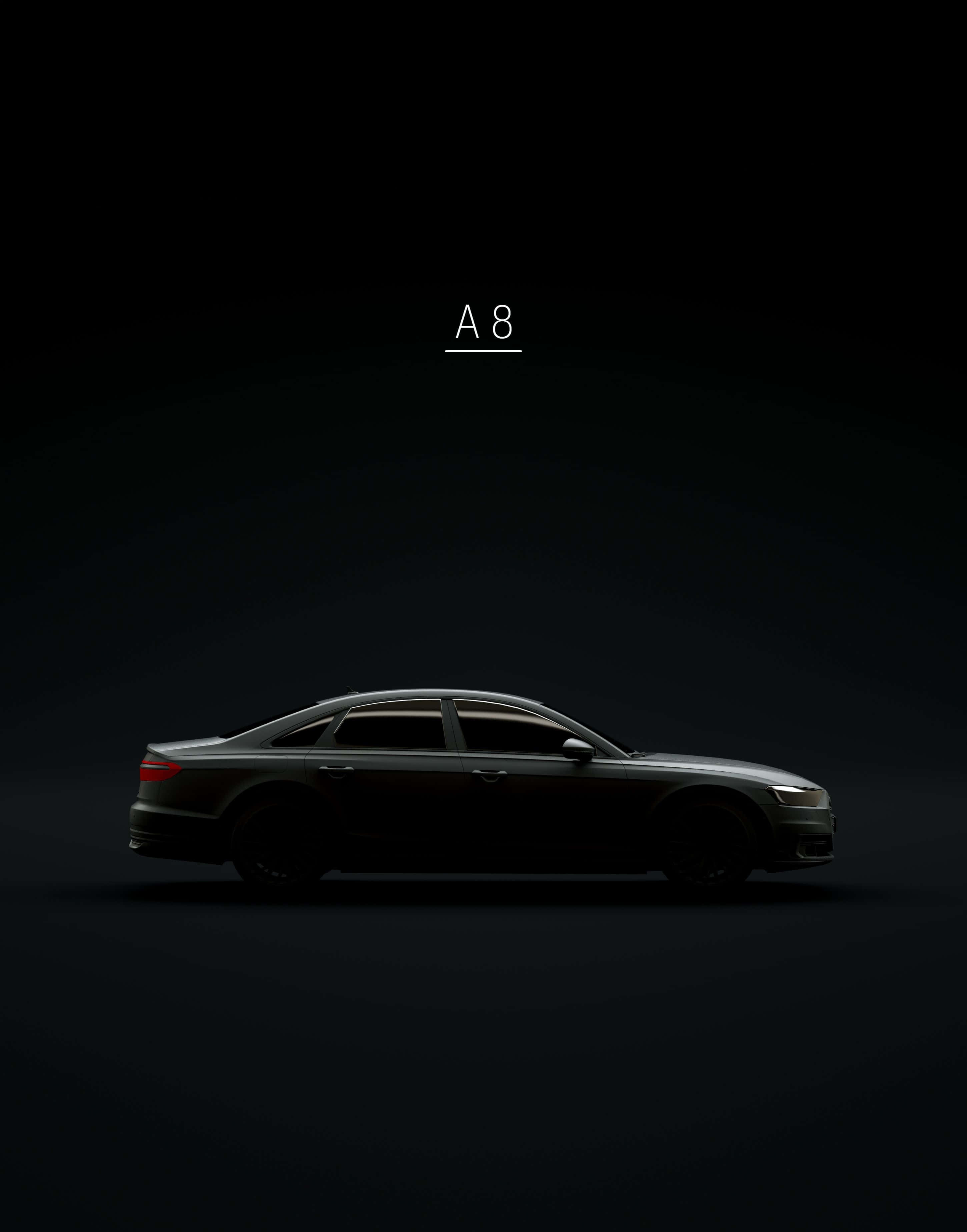 Minimalist Car 桌布 壁紙 — 一款時尚深灰色奧迪A8轎車以側面輪廓展示，背景為漸變黑色，上方有「A8」文字。