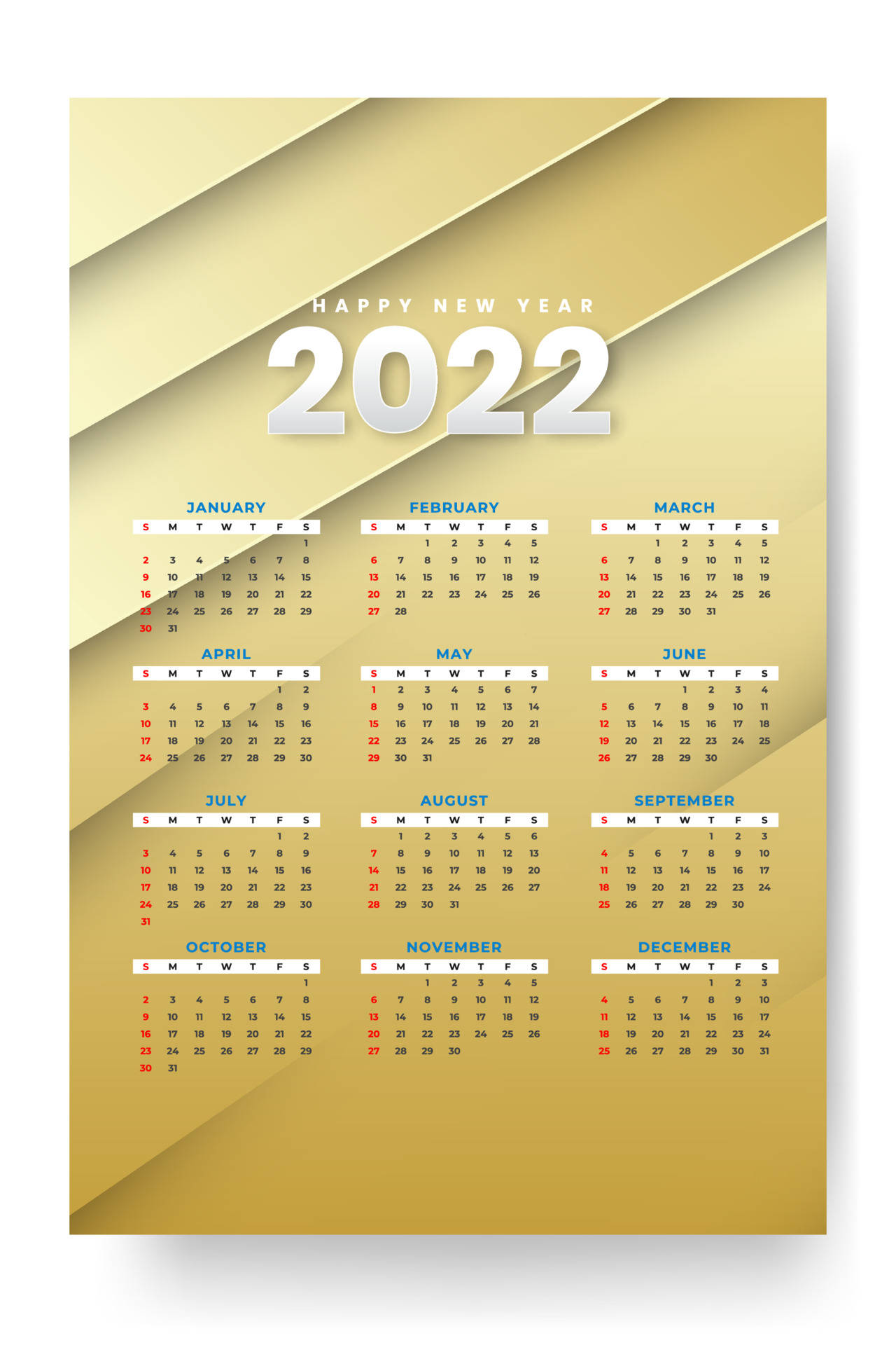 月曆 桌布 壁紙 — 一款時尚的2022年月曆，採用金色幾何背景和白色粗體字體，適合新年規劃。