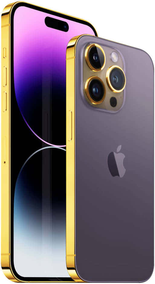 iPhone 桌布 壁紙 — 一款時尚的iPhone，金色邊框和紫色漸變螢幕，在白色背景前後展示。