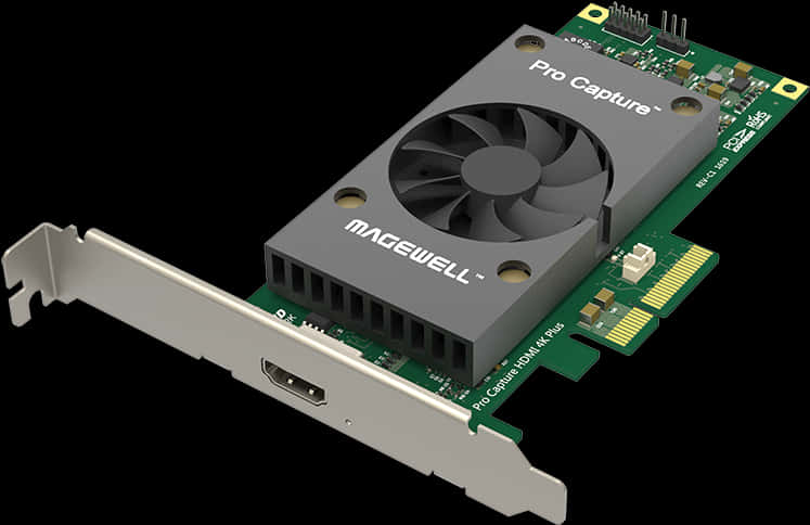 4K 桌布 壁紙 — 一款時尚的Magewell Pro Capture HDMI 4K Plus擷取卡，配備散熱風扇和PCIe連接器，黑色背景。