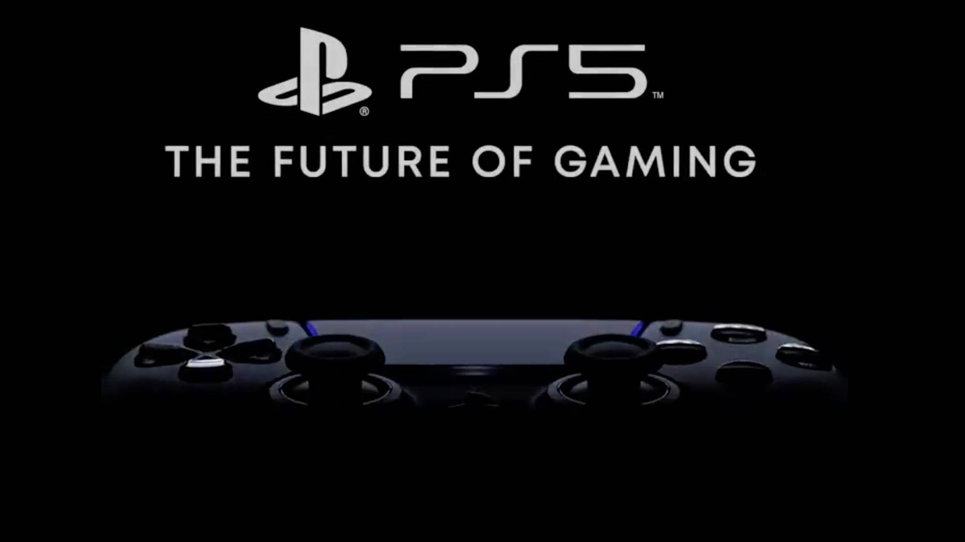 PS5 動態圖片 桌布 壁紙 — 一款時尚的PS5手把在黑色背景上微微發光，上方有PlayStation標誌和標語。