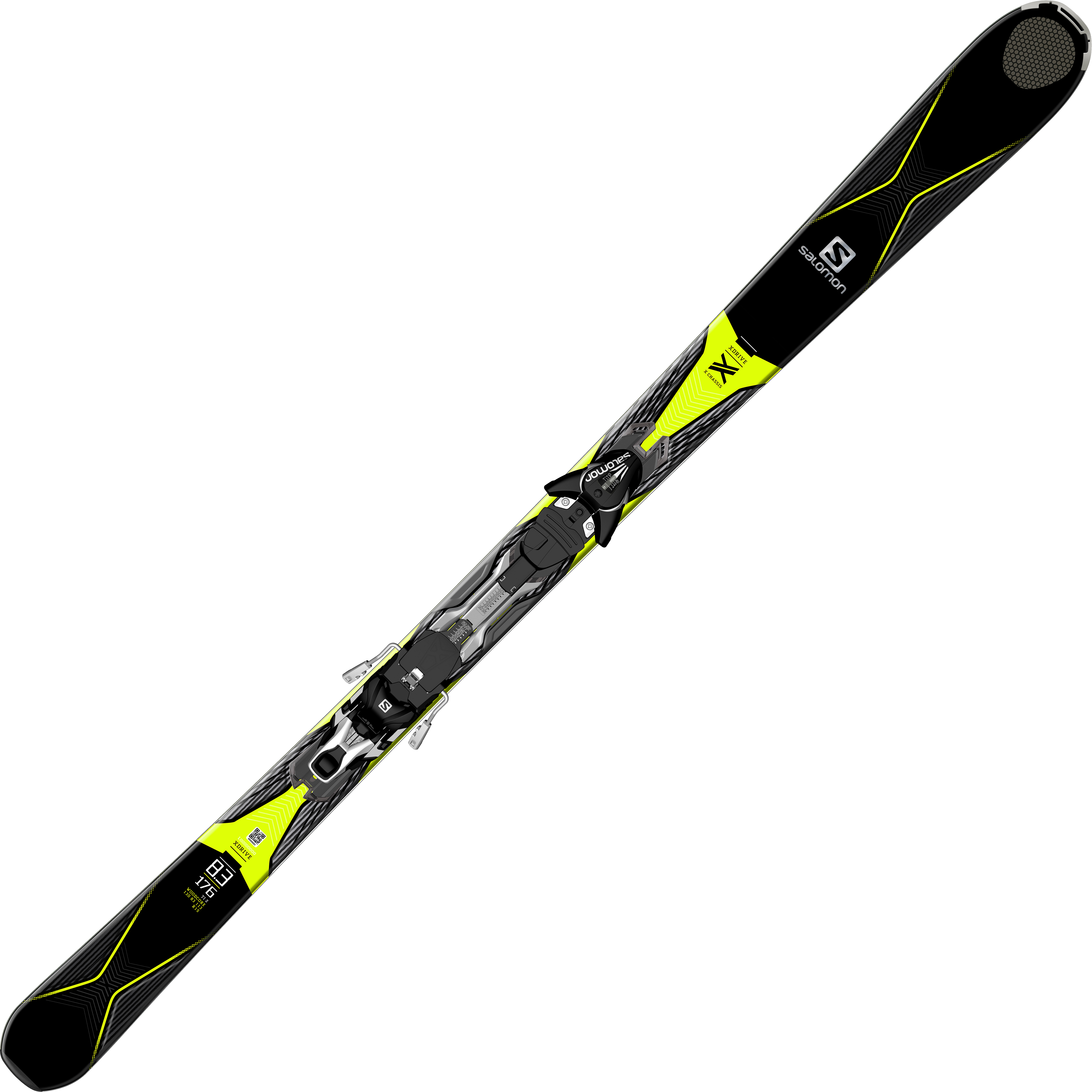 ski 桌布 壁紙 — 一款時尚的Salomon滑雪板，帶有黑色和螢光黃色圖案，以對角線角度放置在純白色背景上。