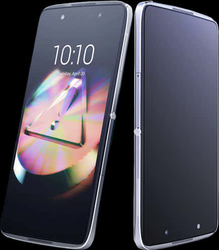 Smart Phone 桌布 壁紙 — 一款時尚的可摺疊智慧型手機，在黑色背景上以打開和關閉狀態展示，螢幕上顯示時間和日期。