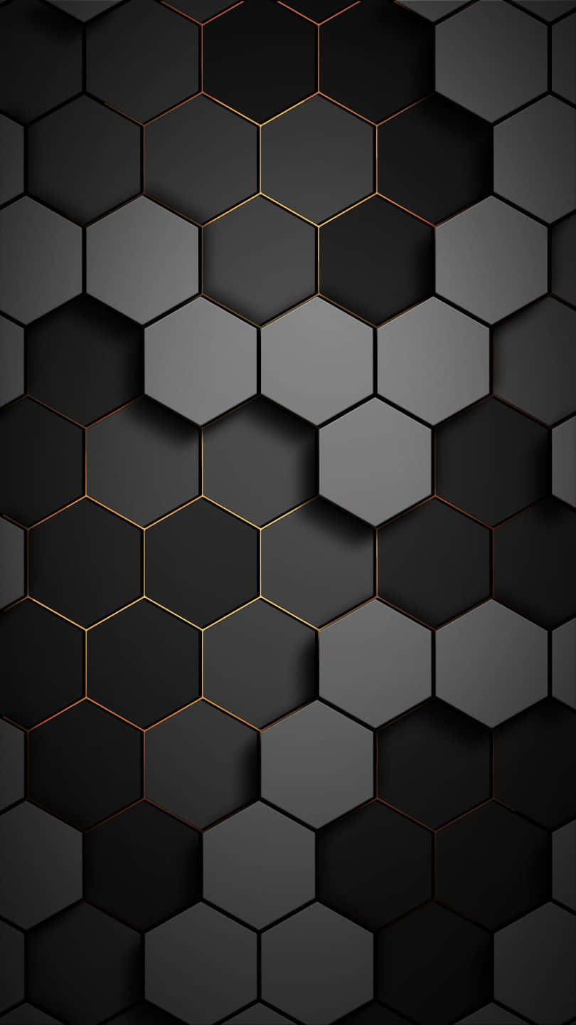 Grey Gradient 桌布 壁紙 — 一款時尚的幾何壁紙，由漸變黑色和灰色的連鎖六邊形組成，帶有微妙的金色輪廓，營造出現代3D效果。