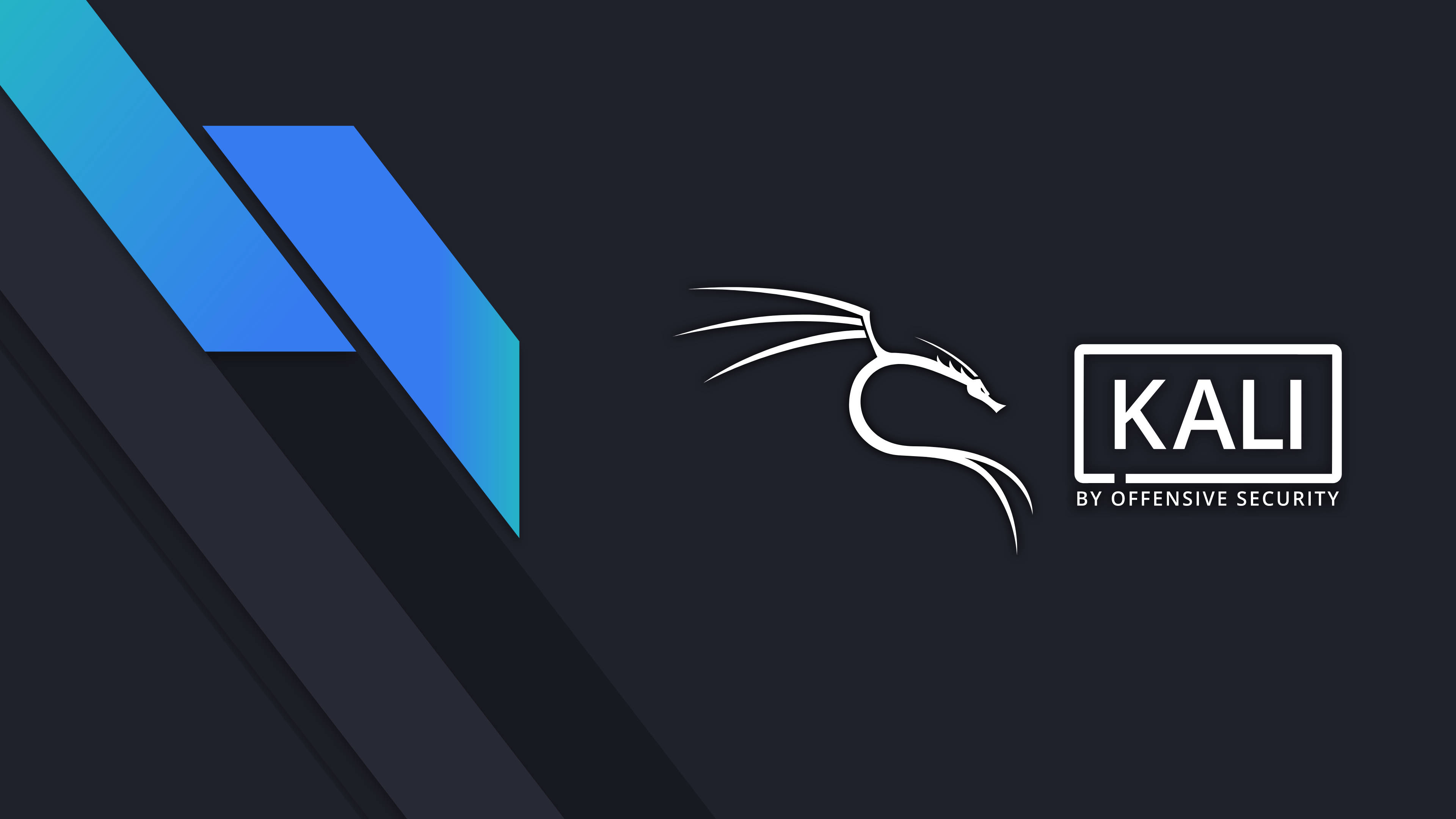 Kali Linux 桌布 壁紙 — 一款時尚的數位桌布，以Kali Linux標誌為特色，搭配白色龍和藍色幾何圖案，置於深色背景之上。
