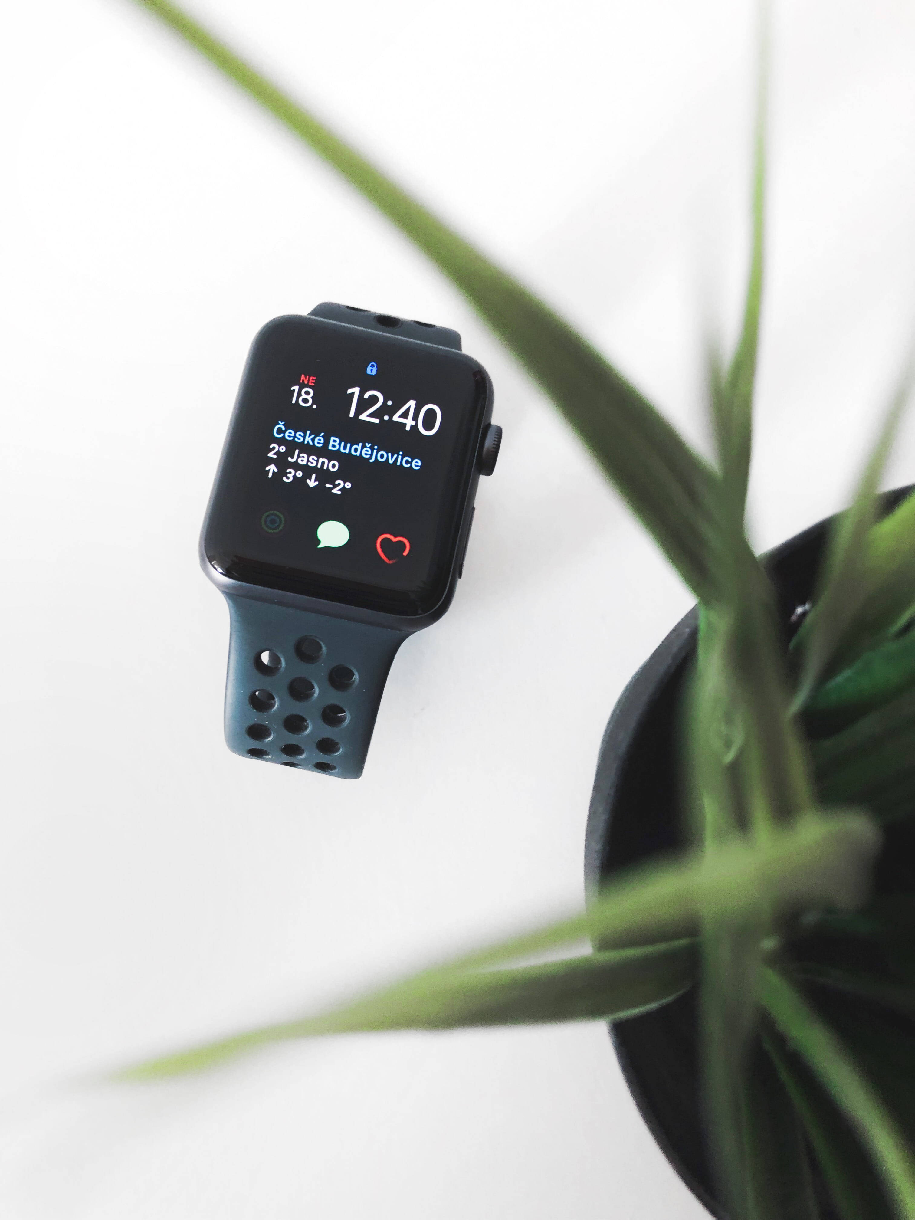 Apple Watch 動態 桌布 壁紙 — 一款時尚的智慧手錶配深色錶帶，放在明亮的白色表面上，旁邊有一盆模糊的綠色盆栽植物。