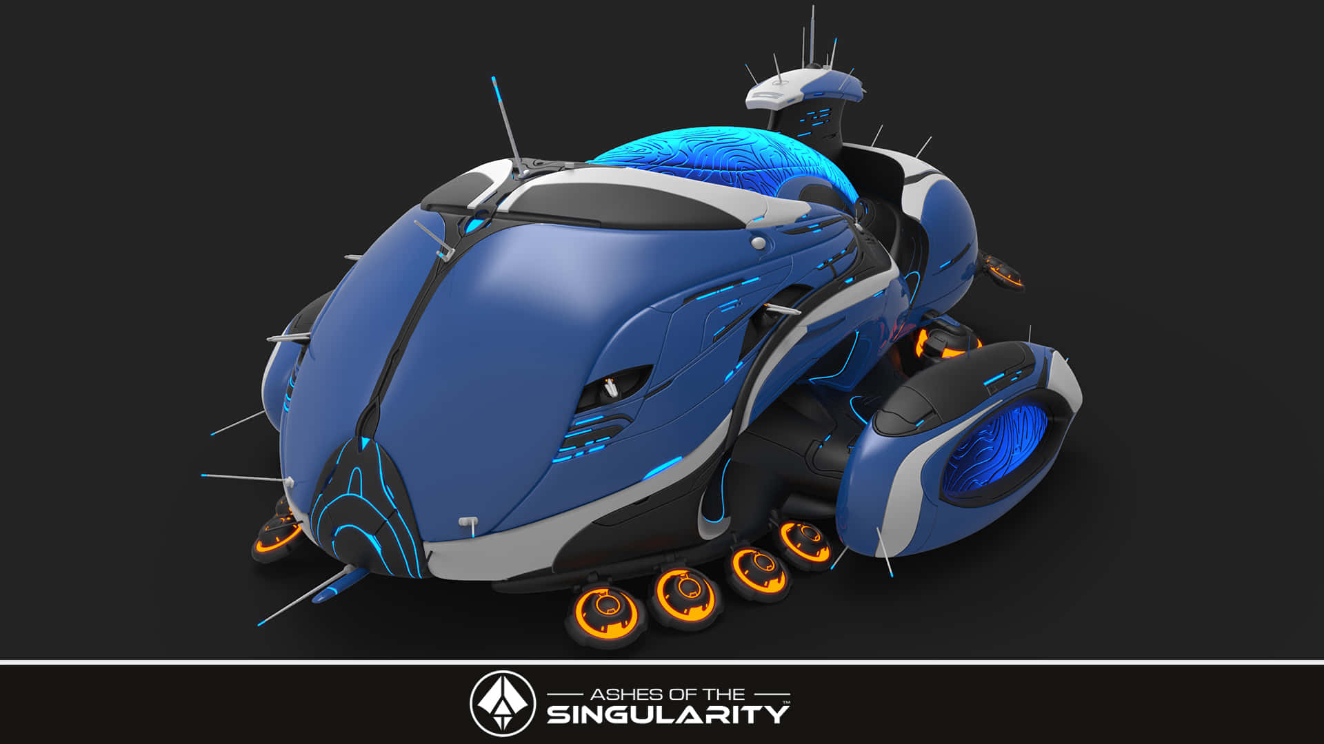 1920x1080 Ashes Of The Singularity 桌布 壁紙 — 一款時尚的未來主義藍黑車輛，帶有發光的橙色車輪和藍色能量點綴，背景為深色。