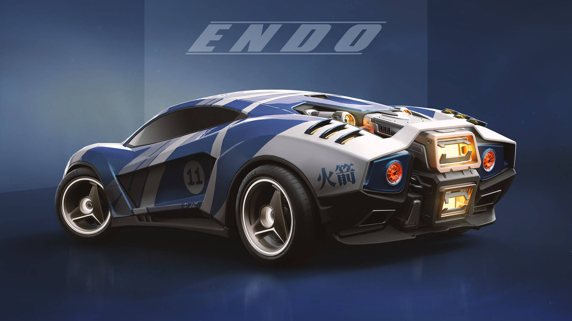 rocket league 1920x1080 桌布 壁紙 — 一款時尚的未來主義賽車，帶有藍白條紋和發光的橙色車頭燈，在深藍色工作室背景中展示。