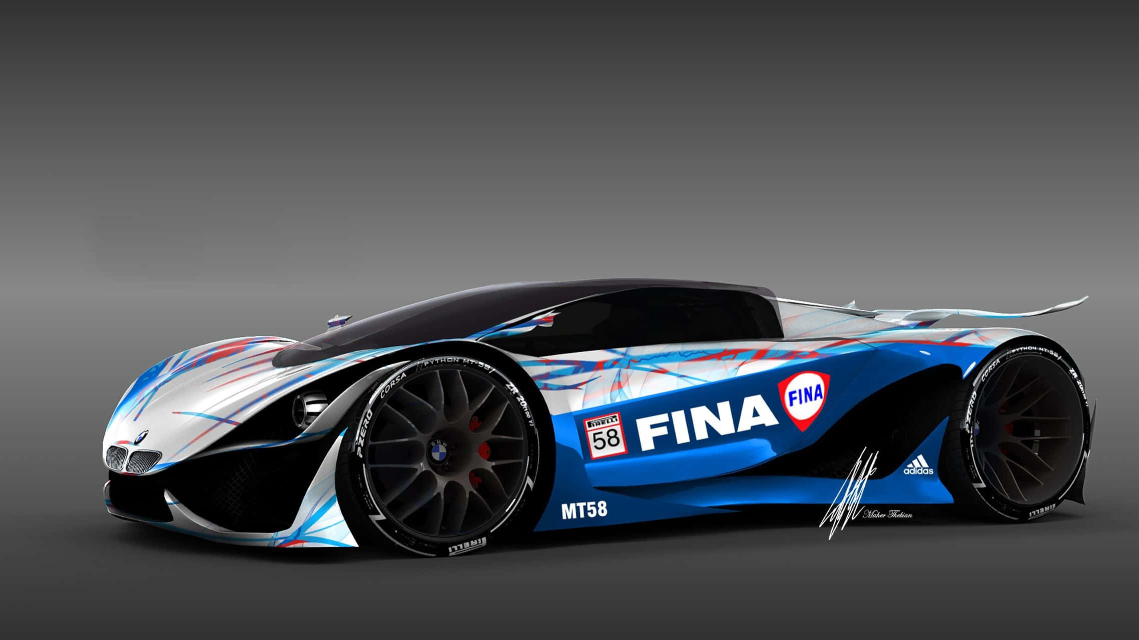 Car Design 桌布 壁紙 — 一款時尚的未來主義賽車，採用藍、白、紅配色，帶有FINA標誌和MT58號碼，背景為漸變灰色。