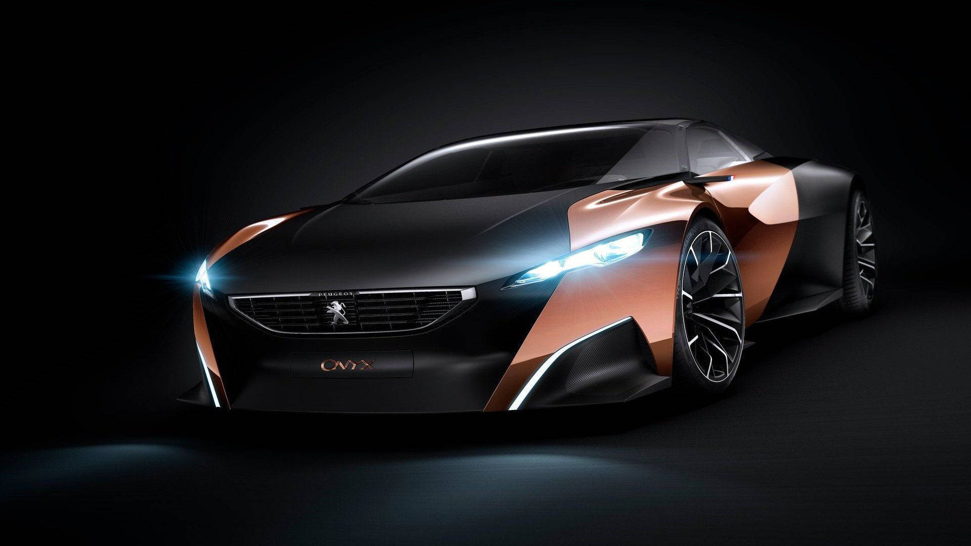 Peugeot 桌布 壁紙 — 一款時尚的未來主義跑車，帶有銅色和黑色裝飾，在黑暗背景下的工作室燈光中閃耀。